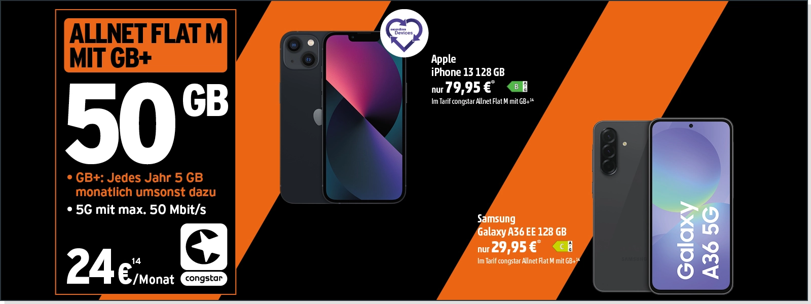 Congstar Allnet Flat M mit GB+ und 50 GB, iPhone 13 und Galaxy A36 5G Angebot