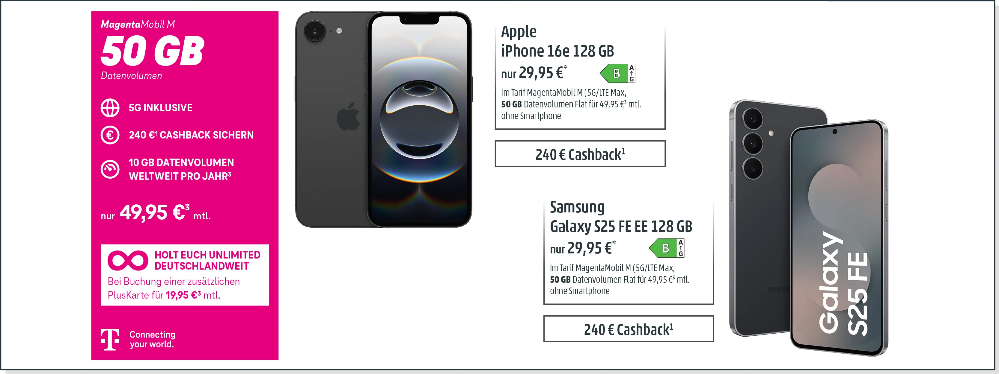 Werbung für MagentaMobil M mit 50 GB 5G, Cashback, iPhone 16e und Samsung Galaxy S25 FE.