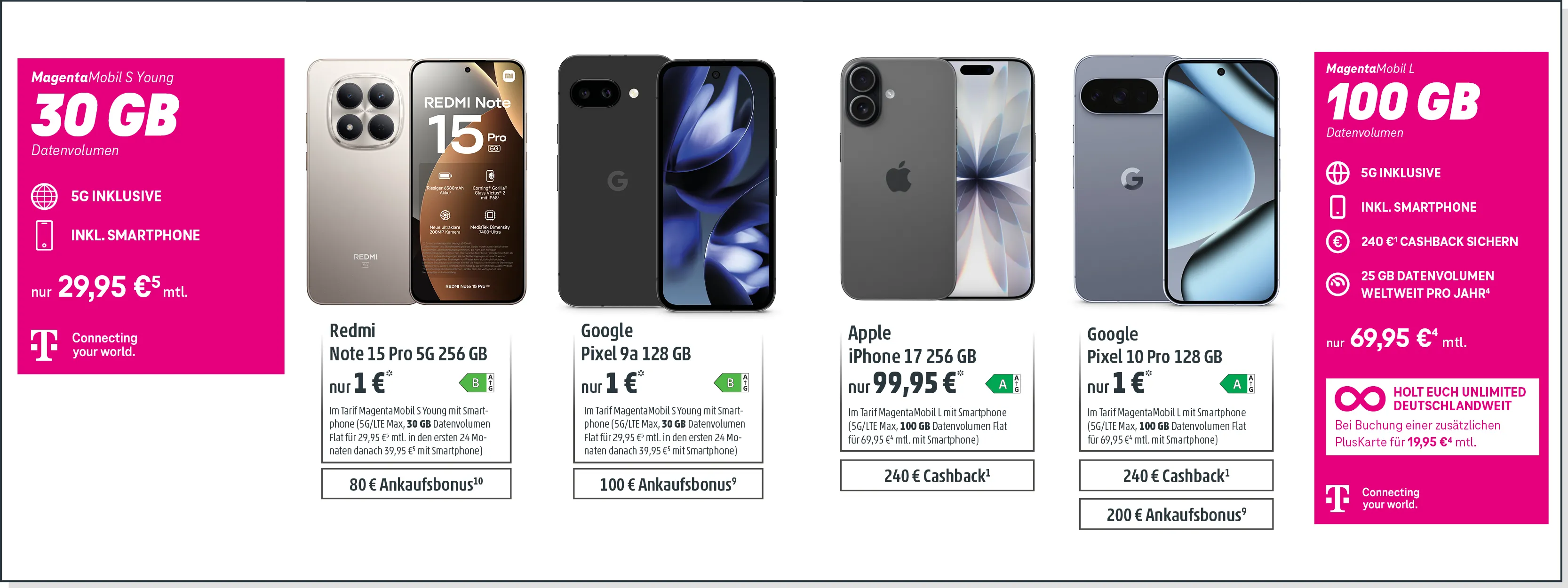 Telekom Mobilfunk-Tarife mit 5G, Smartphone-Auswahl und Cashback-Angeboten im Vergleich.