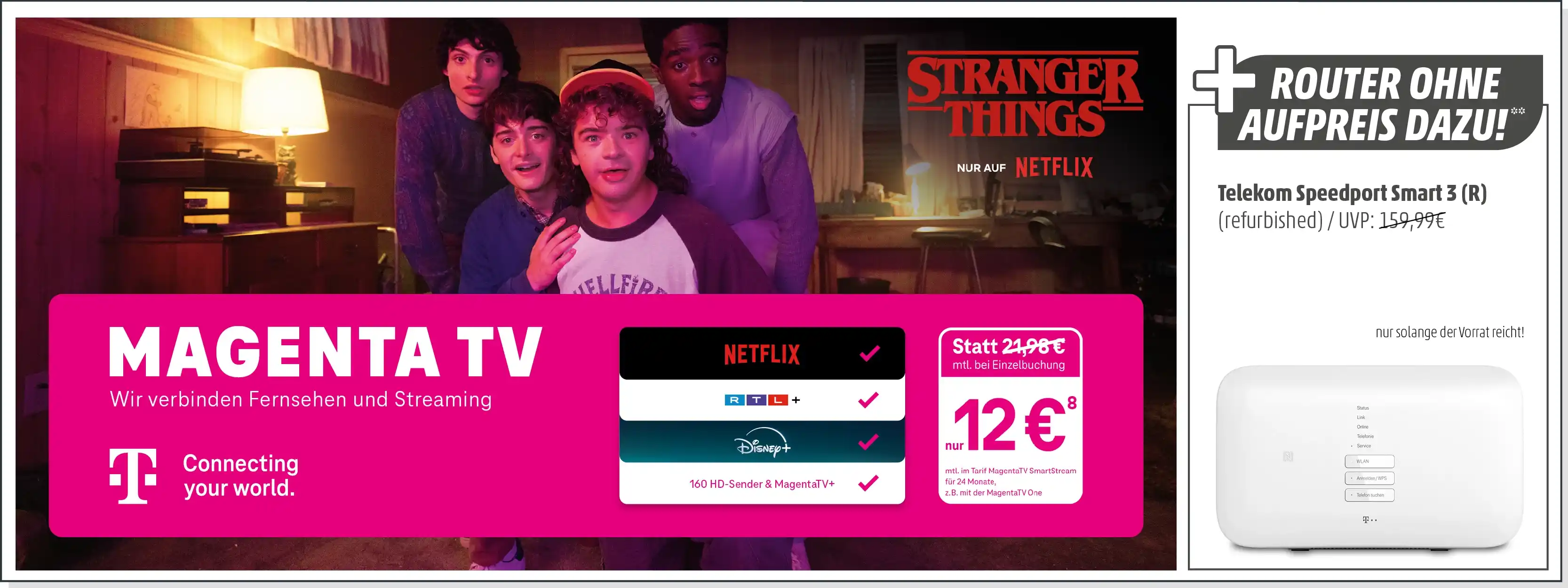 MagentaTV Angebot mit Netflix, Disney+ und kostenlosem Router, Stranger Things Werbung.