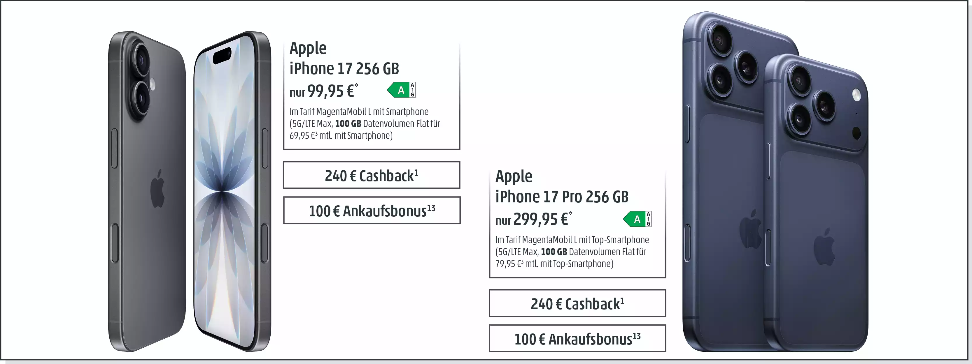 Zwei Apple iPhone 17 und iPhone 17 Pro werden nebeneinander mit Cashback-Angeboten gezeigt.