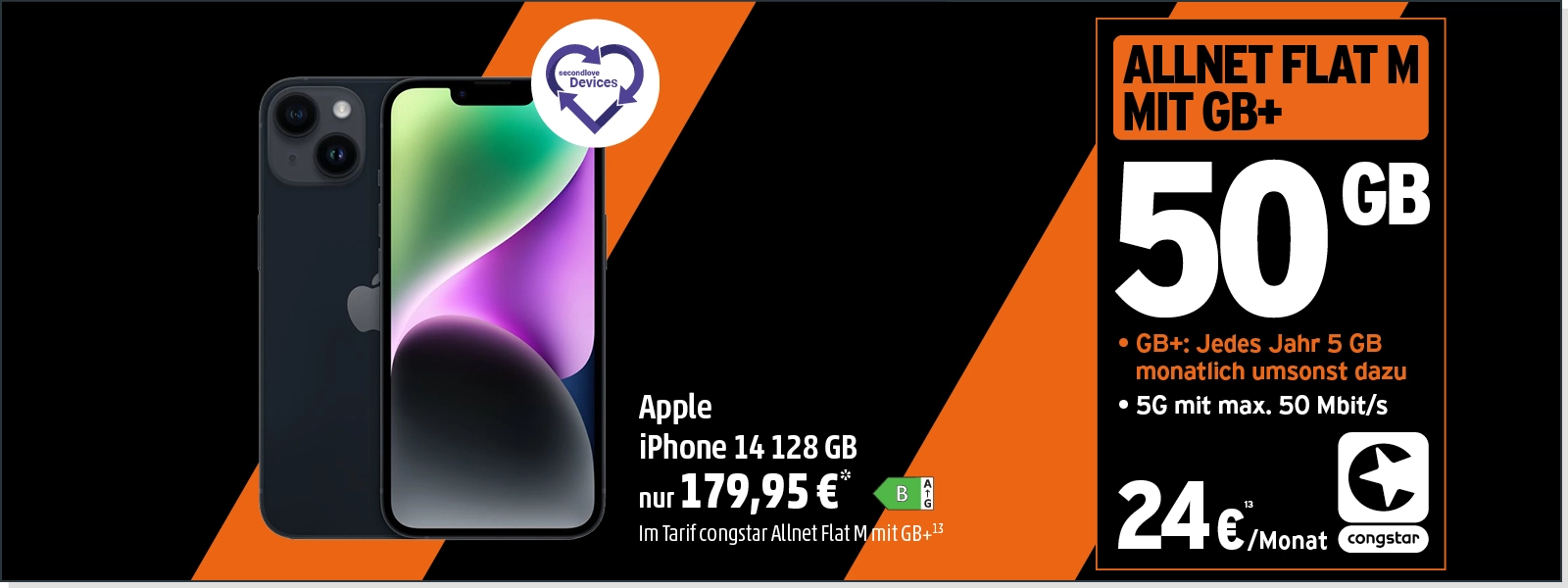 Werbebanner: Apple iPhone 14 mit congstar Allnet Flat M, 50 GB 5G